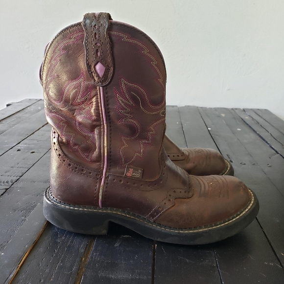 Justin Boots Women's 6 6B Brown Leather Fat Boy Cowgirl Boots Pink Stitching - Picture 11 of 12
